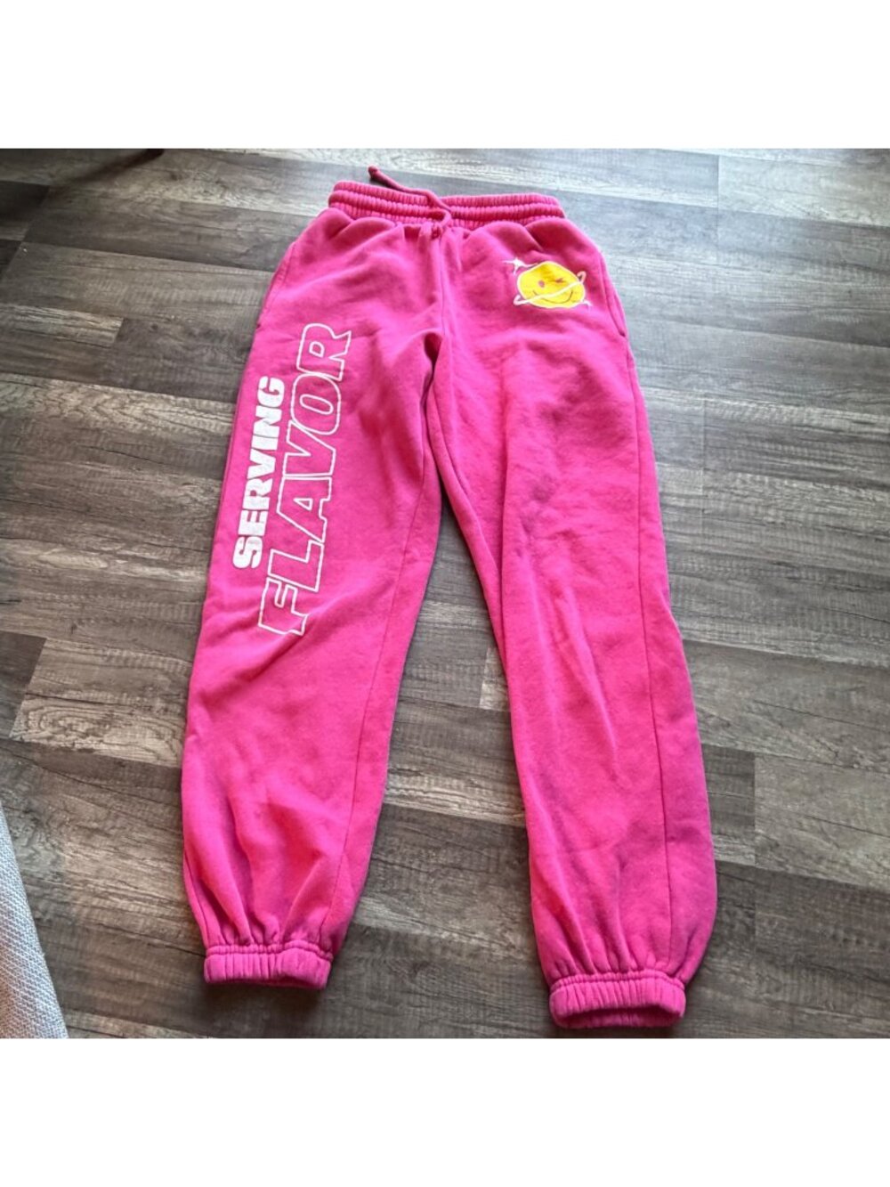 Poppi XS "Serving Flavor" Pink Sweatpants With Yellow Smiley Graphic Elastic Wai